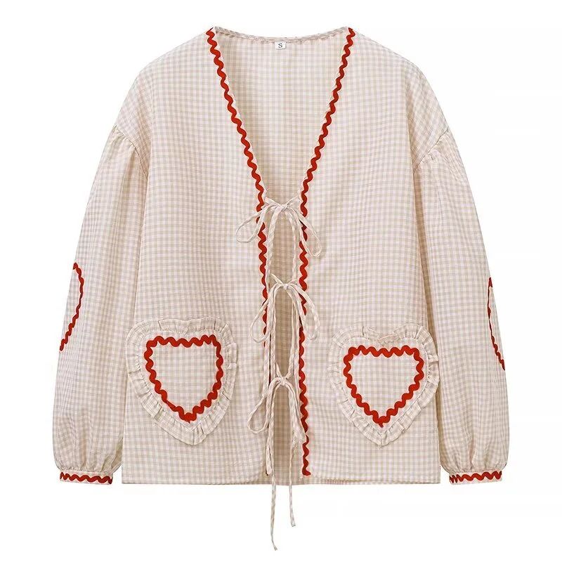 

Za Women s Clothing Spring New Arrival Sweet Style Shoelace Design Loose-Fitting V-neck Long Sleeves Heart Pocket Plaid Overshirt Beige S