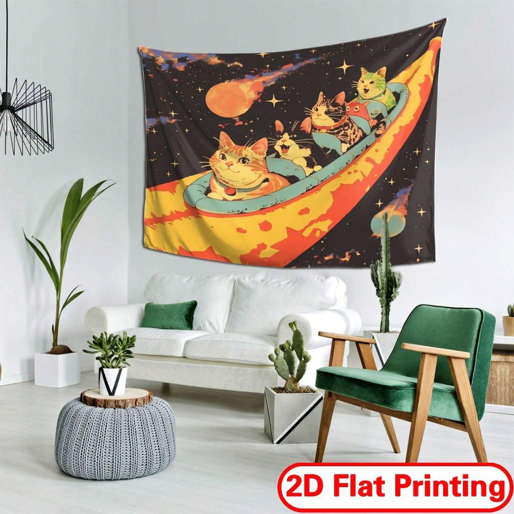 2D Flat Printing Space Cats Roller Coaster Tapestry Cute Astronaut Kitten Print Wall Hanging For Kids Bedroom Dorm Room Decor Mu