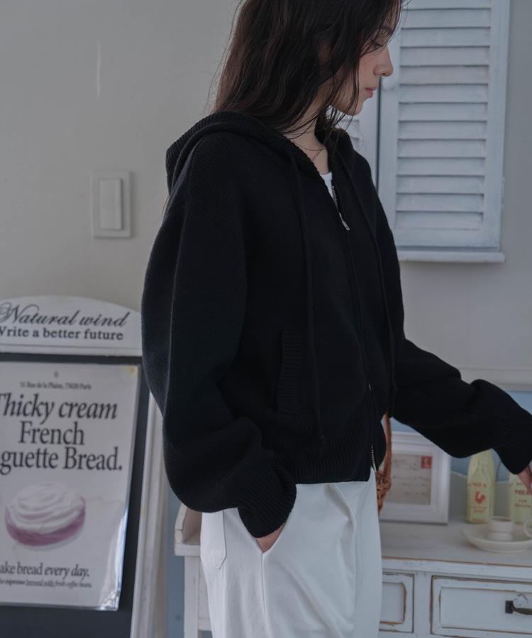DEHEVE Two-Way Hood Zip-Up Knit [Black]