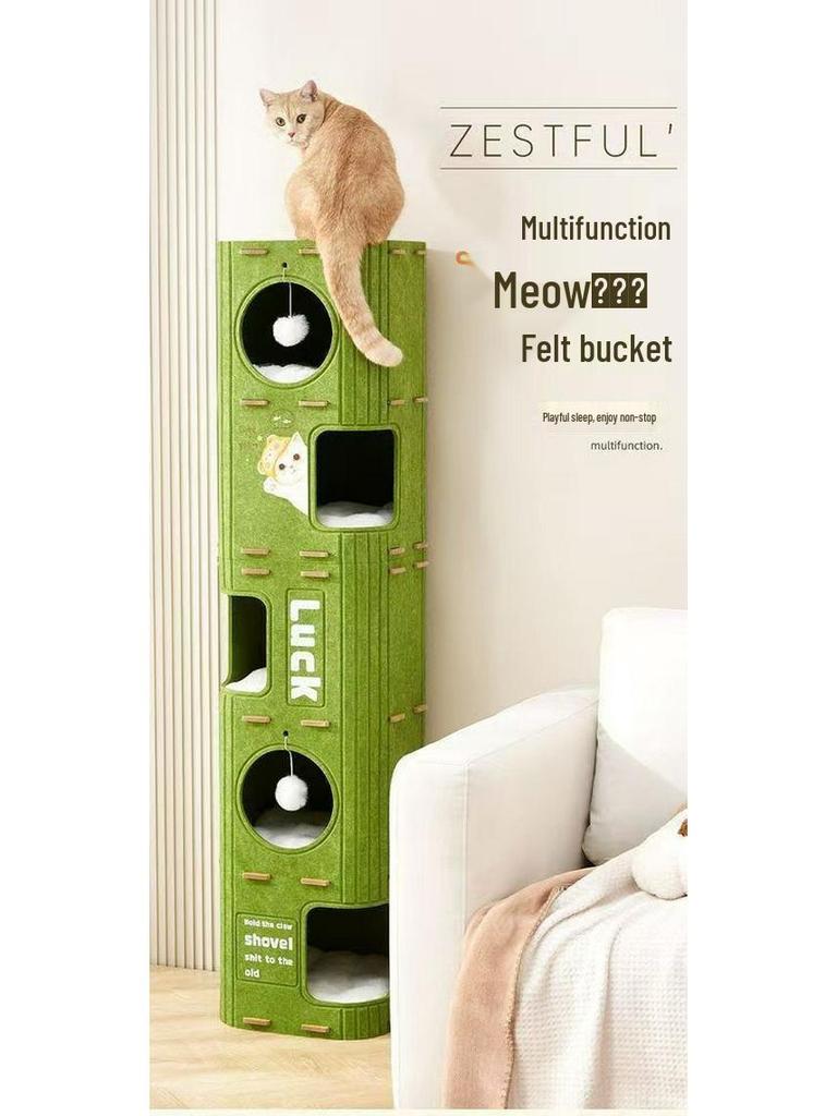 Wielopoziomowy zimowy drapak dla kota z zamkniętym legowiskiem i dwupoziomową deską do drapania