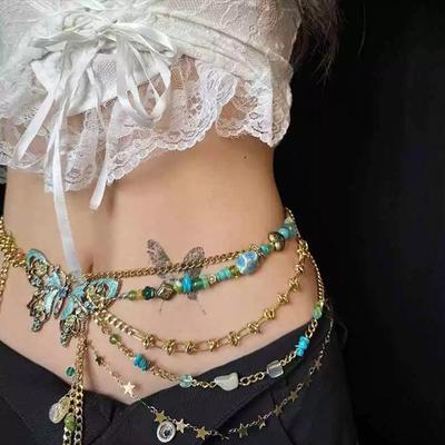 Sexy Metal Butterfly Waist Chain Dainty Butterfly Pendant Fashionable and Versatile Tassel Necklace Accessories for Women Girls