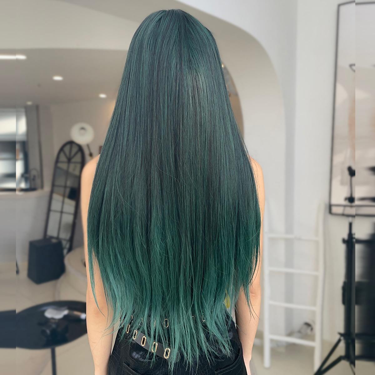 HAIRCUBE Длинные прямые темно-зеленые синтетические парики Косплей волосы с челкой — фото 3