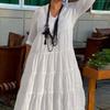Summer Vacation Maxi Dress for Women V Neck Long Sleeve Solid Color with Ruffle Stitching and Pleated Hem