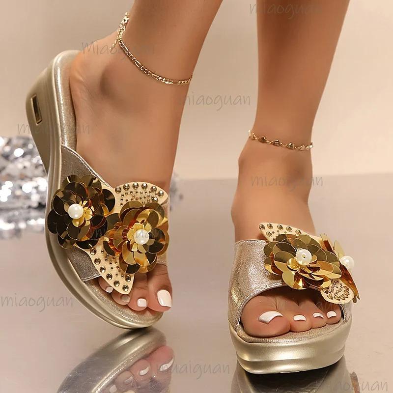 Fashion Floral Gold Silver Sandals Women Slip On Wedge Heels Pearl Sandalias Mujer Summer 2025 Soft Sole Platform Slippers Shoes Woman