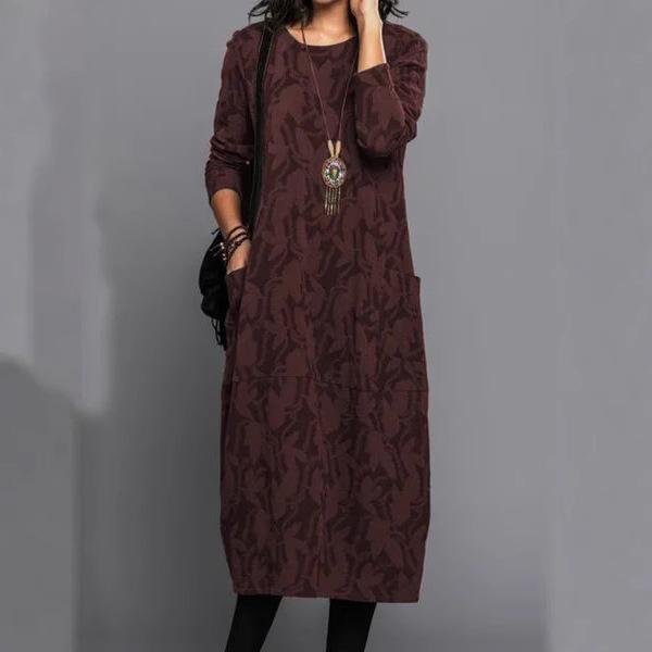 

Женское платье с длинным рукавом и цветочным принтом, повседневное элегантное миди-платье с V-образным вырезом и карманами S бордовый