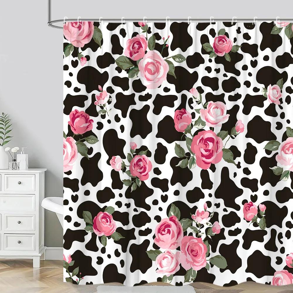 Leopard Textured Shower Curtain, Vintage Striped Brown Floral Creative Geometric Modern Plants Polyester Bathroom Decor Curtain