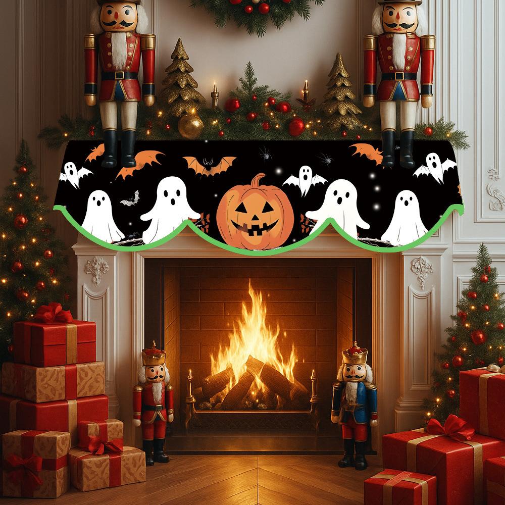 

Halloween Black and Orange Polyester Fireplace Scarf with Pumpkin Lantern, Bat, and Spider Web Print | Halloween Decorations
