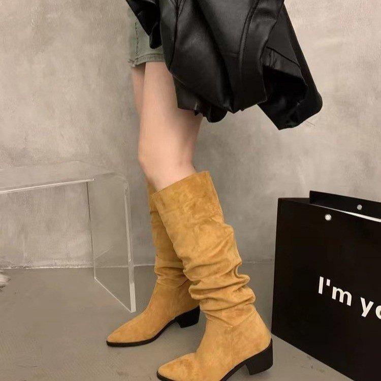 

Замшевые ковбойские полусапоги на высоком каблуке, женская обувь, новые осенне-зимние бархатные остроносые сапоги-чулки с длинным голенищем, рыцарские сапоги 43 светло-желтого