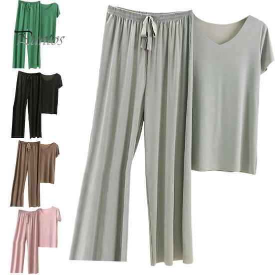 Lady Top Pants Set 2 Pcs/Set Women T-shirt Pleated Wide Leg V Neck Short Sleeves Summer Loose Homewear Pullover Thin Plus Size Trousers Clothing