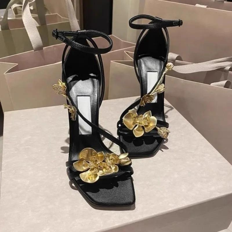 Golden Flowers Elegant Woman Heels for Womens High-heeled Sandals Women s Shoes Elegant Heel Luxury Sandal Women s 34 чёрный 4580₽