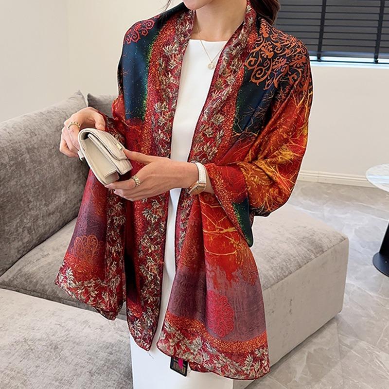 Flower fiery red luxury scarf women's goods new silk scarf long large size travel shawl sun protection