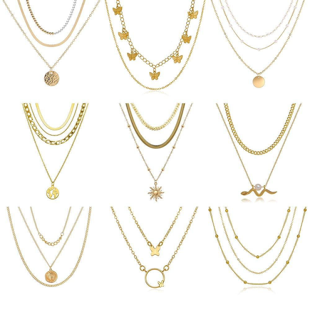 IF ME Classic Women Metal Gold Multilayer Necklace Silver Rose Pendant Necklace Dice Sun Decoration Accessories Temperament Jewelry