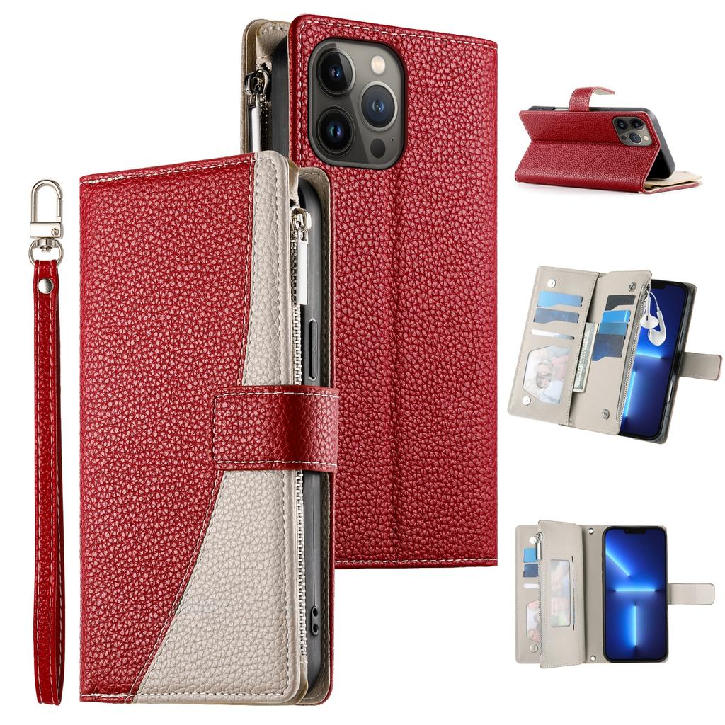 For iPhone 13 Pro Max Case Zipper Pocket Wallet Color Splicing Leather Flip Phone Cover with Straps