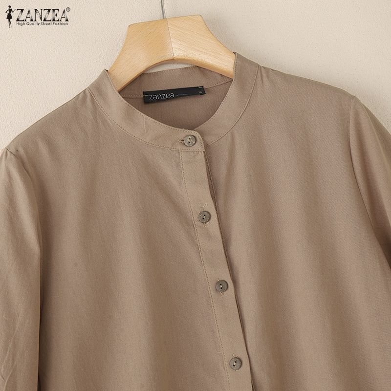 ZANZEA Women Casual Round Neck Solid Color 3/4 Sleeve Cotton Blouse