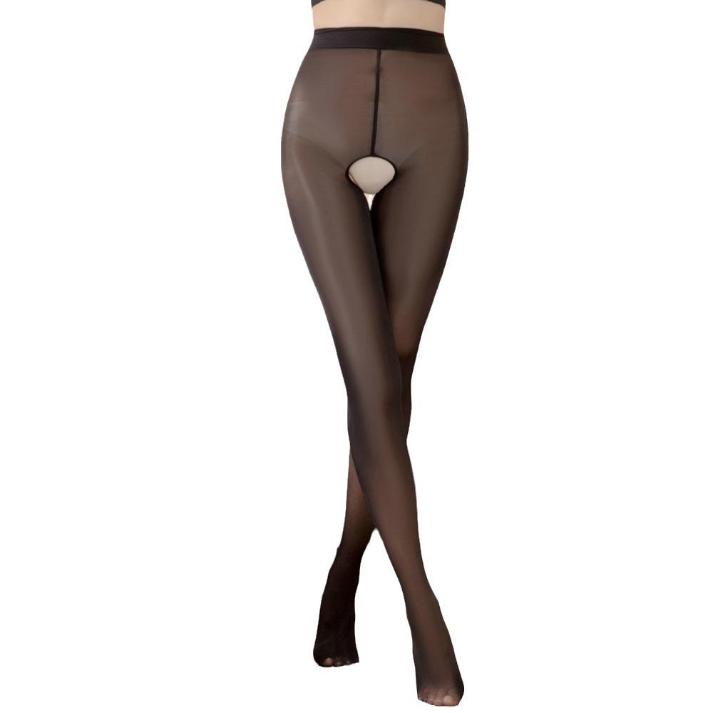 Glänzende schwarze Strumpfhose mit offenem Schritt und sexy Versuchungsstrümpfen für Damen