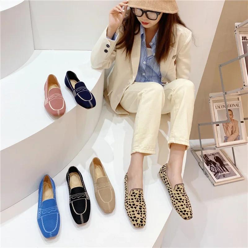 Fashion Autumn Weaving Princess Shoes Fashion Square Toe Casual Ballet Flats Shoes Women's Knitted Flat Bottom Soft Sole Walking Shoes