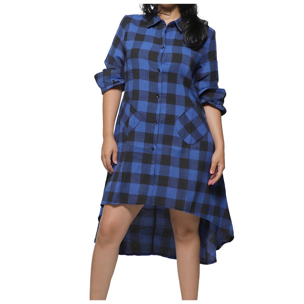 Women's Boyfriend Casual Pocket Long Sleeve Plaid Shirt Irregular Dress