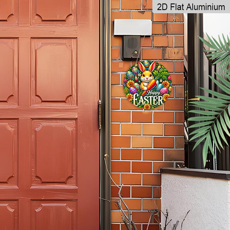 2D Flat 1pc Vintage Easter Bunny Metal Sign, Round Aluminium Door Mount Decor, 8x8 in, Farmhouse Style Wall Art for Home, Room, Street, Shop, Garage