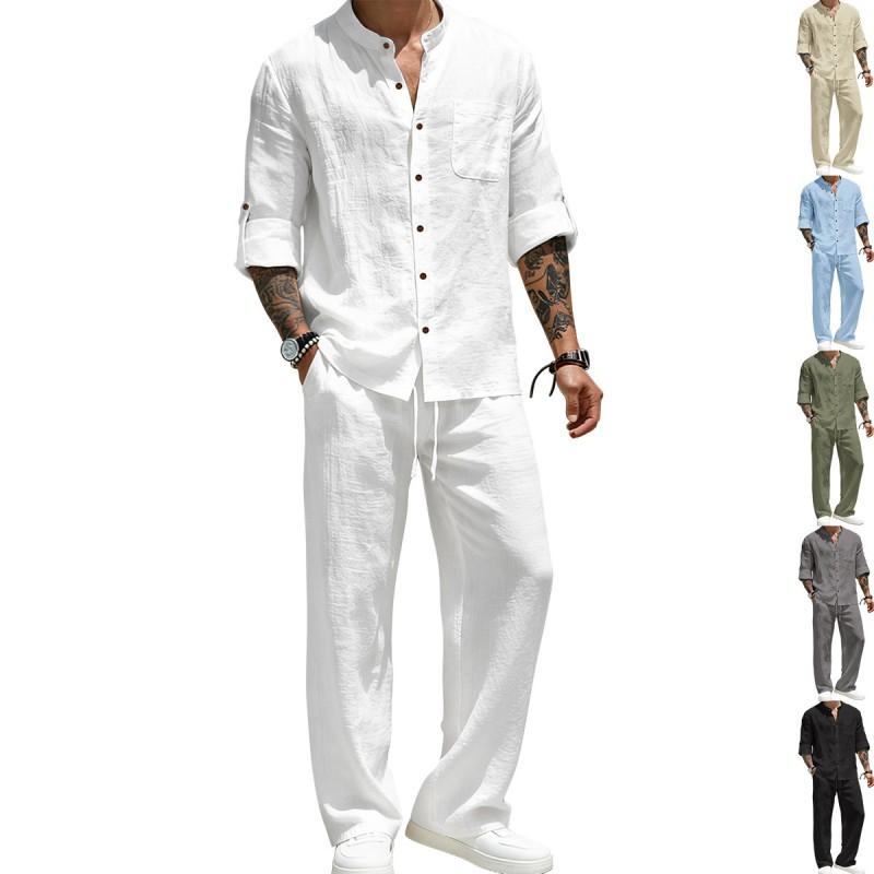Mens Linen Blend Shirt Set Long Sleeve Top Pants Retro Stand Collar Casual Outfit