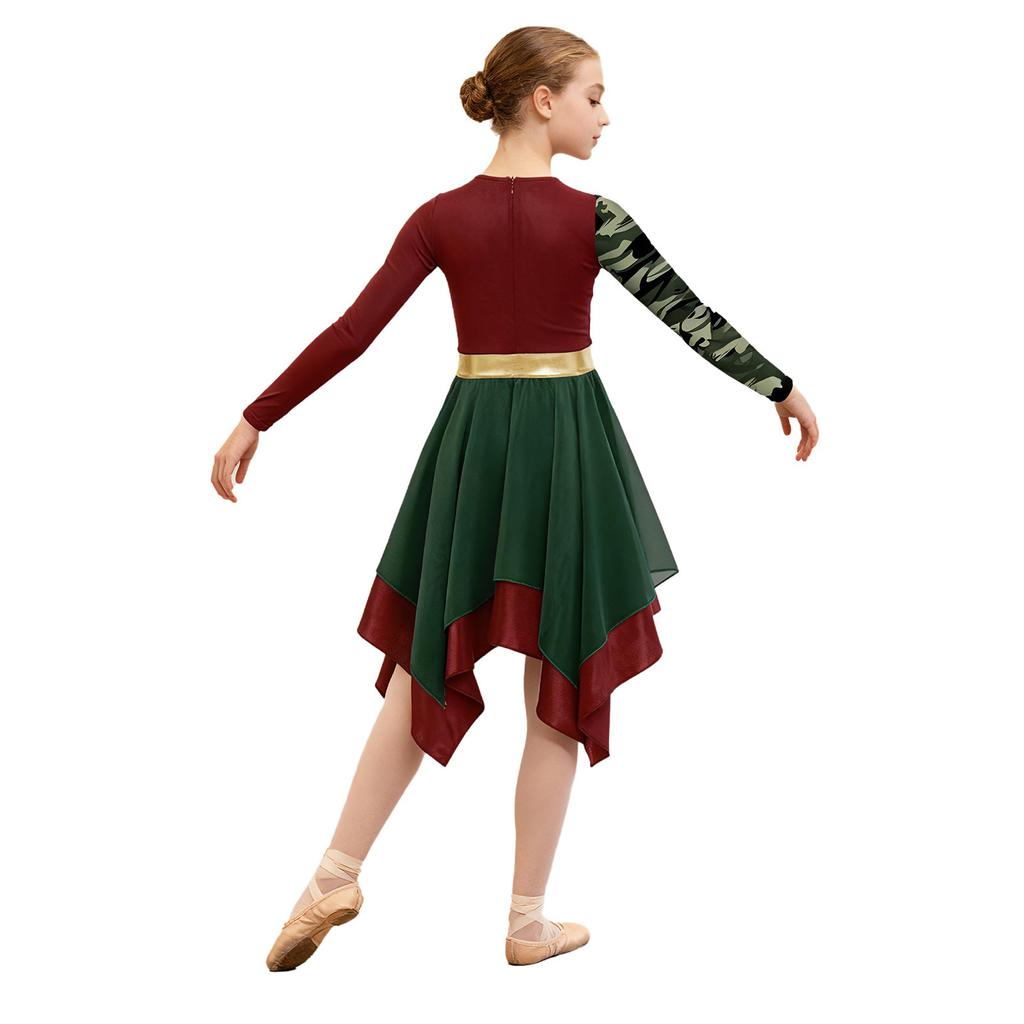 Girls Worship Dance Dress Long Sleeve Color Block Patchwork Irregular Hem Elegant Stage Performance Gown