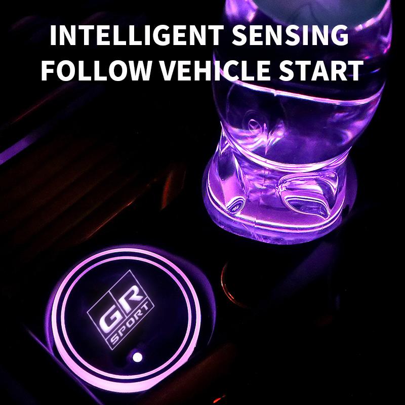 2Pcs Led Luminous Car Coasters with 7 Colors Changing Light for Toyota GR GAZOO RACING Rav4 Yaris Hilux Corolla Prius Auris FP1