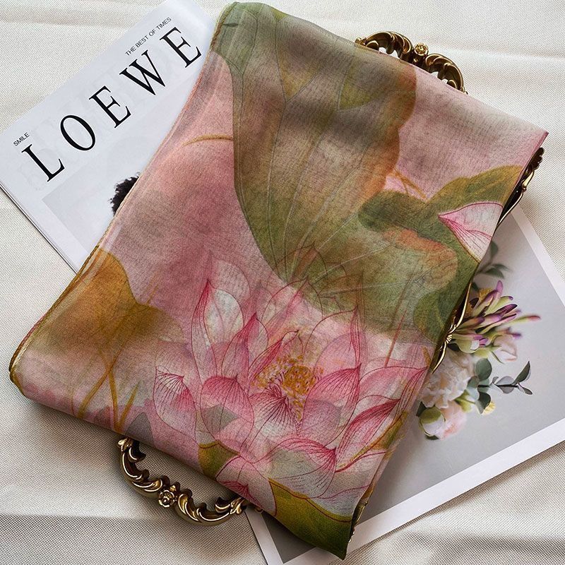 New Fashion Green Grass Women Chiffon Individuality Lotus Flower Georgette Bandana Scarf Summer Beach Sunscreen Thin hijab
