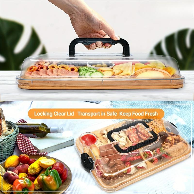 Cheese Tray with Grid Snack Tray Wooden Cheese Board Picnic Box Fruit Bento Box Suitable for Outdoor Travel Camping Vacation