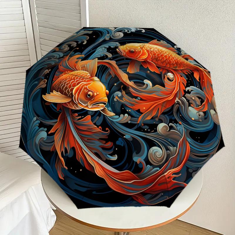 1pc Koi Fish Swimming in Water Waves Umbrella with Plastic Handle,Suitable for All Seasons Home Travel Outdoor UmbrellaDD1223