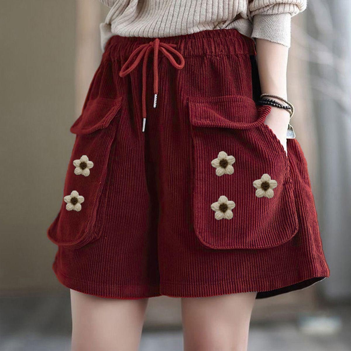 

Женские вельветовые шорты, летние, ретро, свободные, с карманами в китайском стиле, вязаные крючком, повседневные, широкие шорты L красный