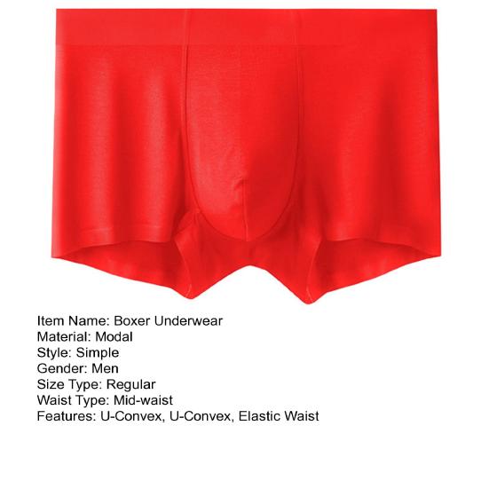 Men Boxer Underwear Mid-rise Elastic Waist Modal Fabric U-Convex Shorts Briefs Solid Color Red Luck Slim Fit Panties