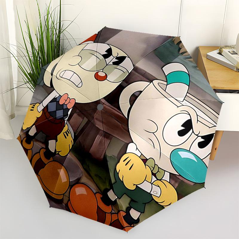 1pc Cuphead & Mugman Outdoor Umbrella - Automatic Opening/Closing, Portable Tri-Fold Design with 8-Bone Iron Frame - Perfect Gift for Fans, Travelers,