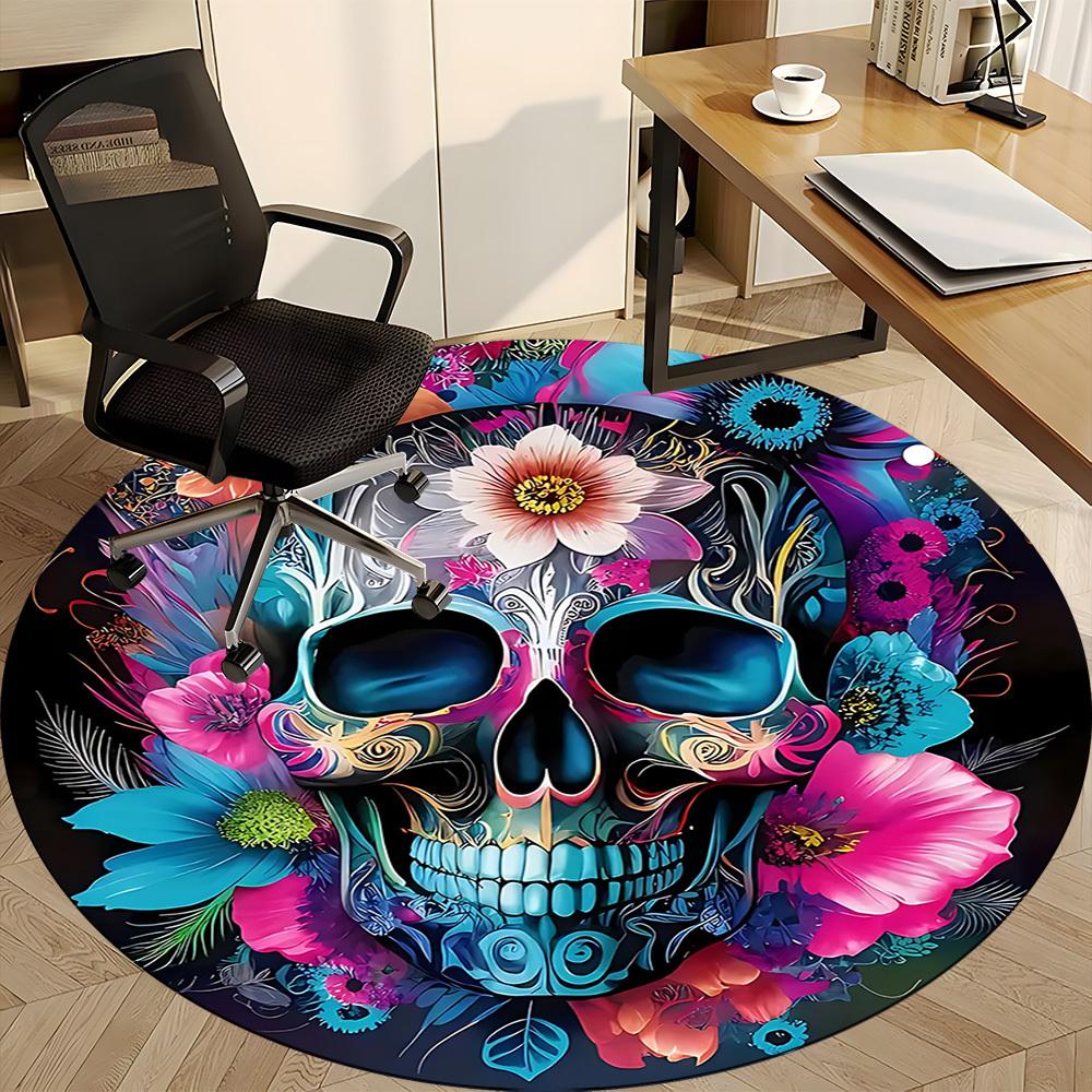 1pc Skull Flowers Office Round Area Rug,  Mat Suitable For Office, Under Office Chairs Bedroom Living Room Home Decor, Room Deco