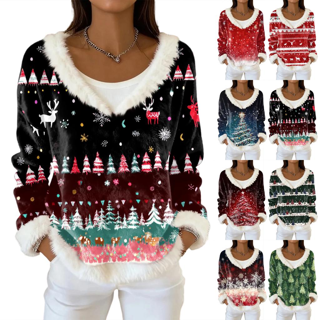 Women's Fashion Plush V Neck Pullover Top Long Sleeve Tee Christmas Printed Sweatshirt