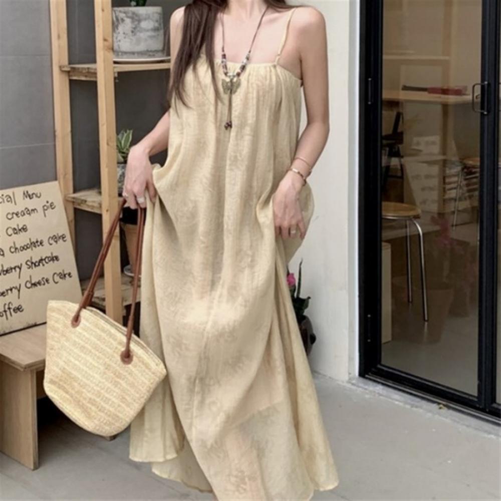 New Arrivals Open Run Women Ivory Pattern Pin Tuck Strap Long Dress