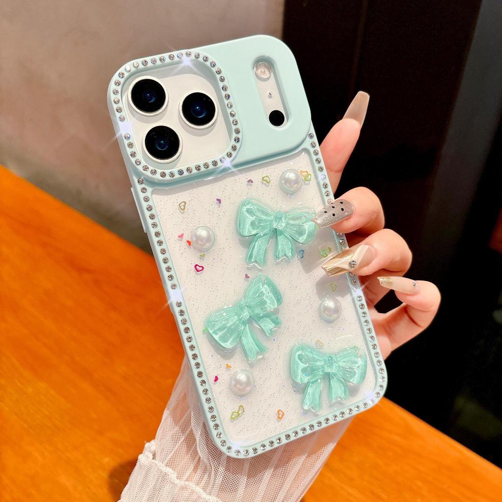 Capa de Celular Epoxy com Glitter da Apple com Laço para Modelos de iPhone 15, 16 Pro Max e 17 Air