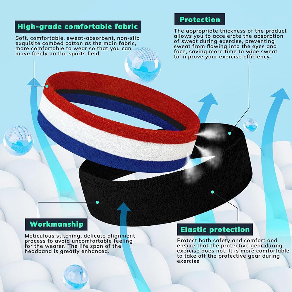 Aolikes 3 Stück Schweißbänder Sport Stirnband - Feuchtigkeitsableitendes Athletisches Baumwoll-Frottee Schweißband für Tennis, Basketball, Laufen