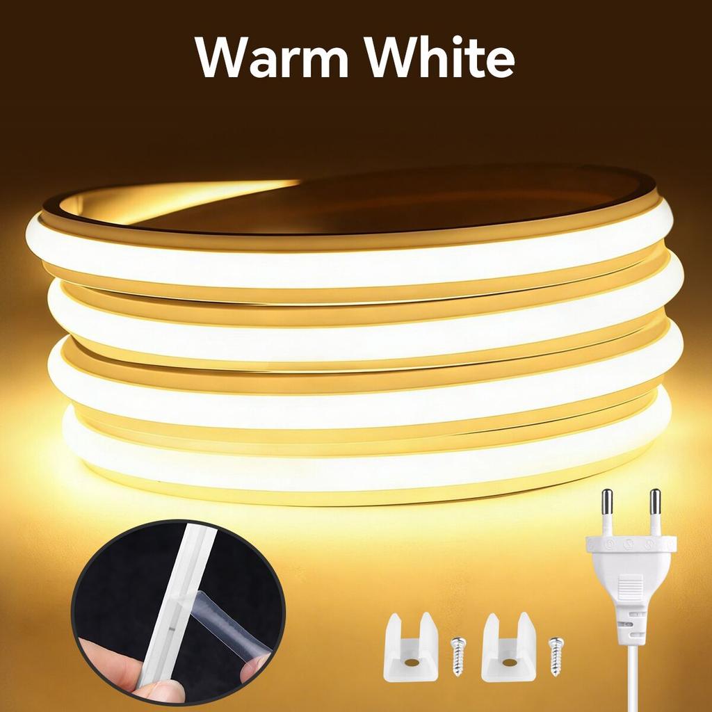 Fireproof Silicone LED Neon Light Strip 220V EU Plug In Self-Adhesive Even Glow COB LED Tape For Room Kitchen Outdoor Garden