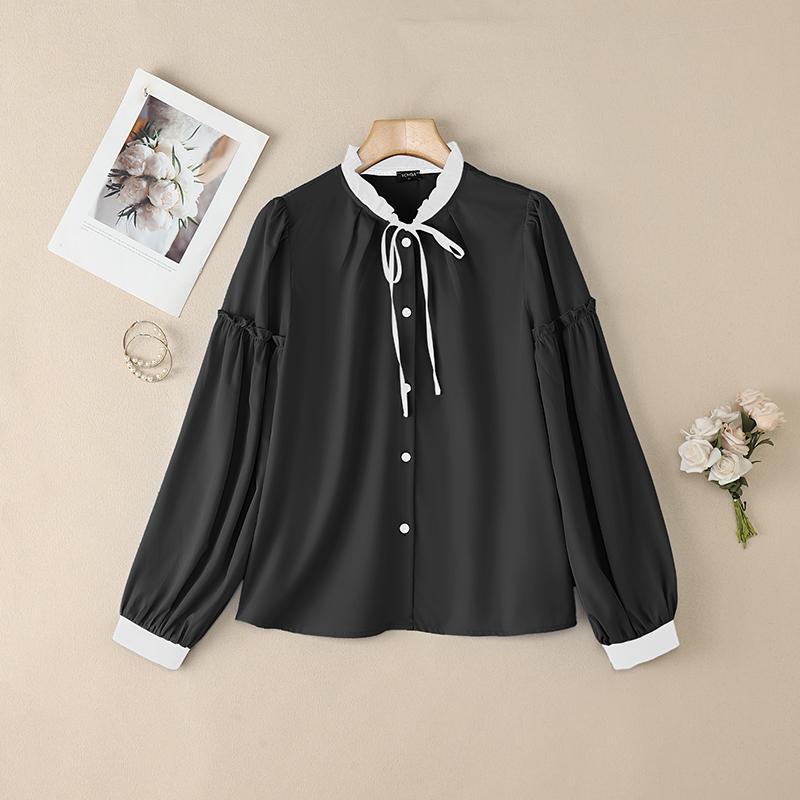 VONDA Women Casual Lace-up Neck Long Sleeve Stitching Solid Color Loose Blouse