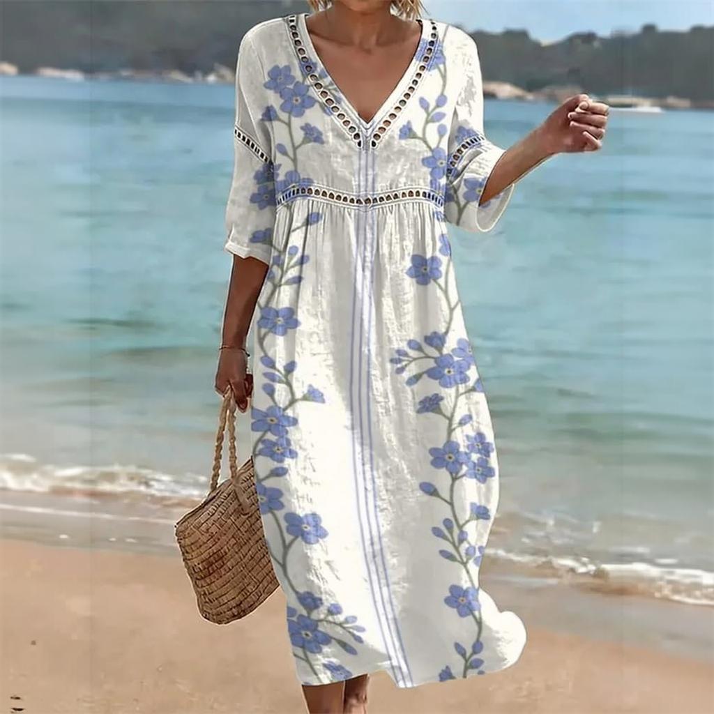 Damen V-Ausschnitt Midi-Kleid mit Blumenprint für den lässigen Strandurlaub