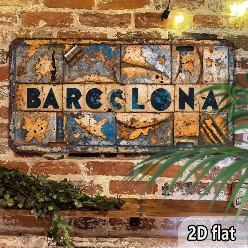 2D Piatto - Segno Artistico da Parete in Metallo Vintage Barcellona - Decorazione in Alluminio Rustico da 6x12 Pollici con Finitura Usurata per Casa, Bar, Ufficio