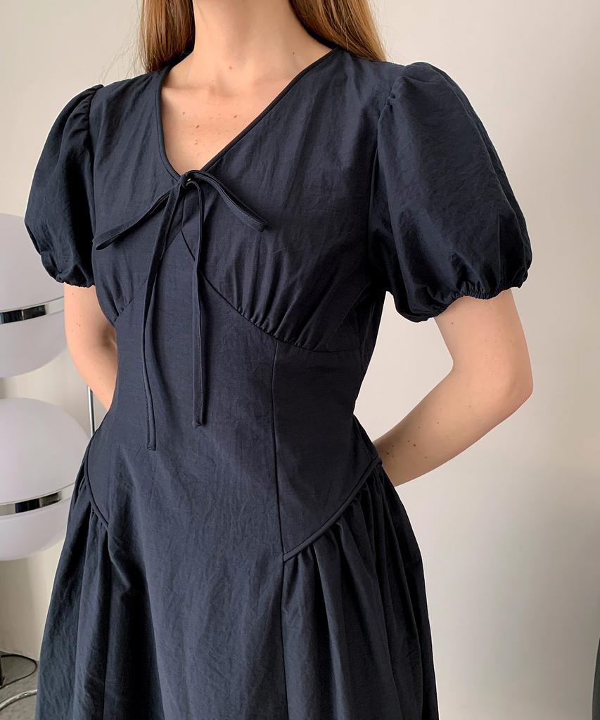 Baseukala Shirring Puff Ribbon Long Dress (3Colors)