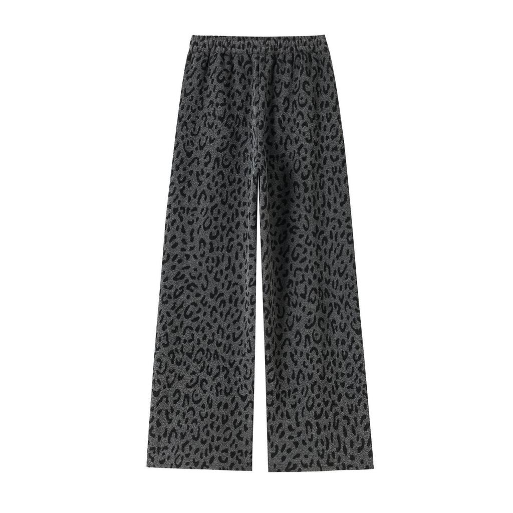 Velvet Leopard Print Wide-Leg Women's High Waist Casual Pants