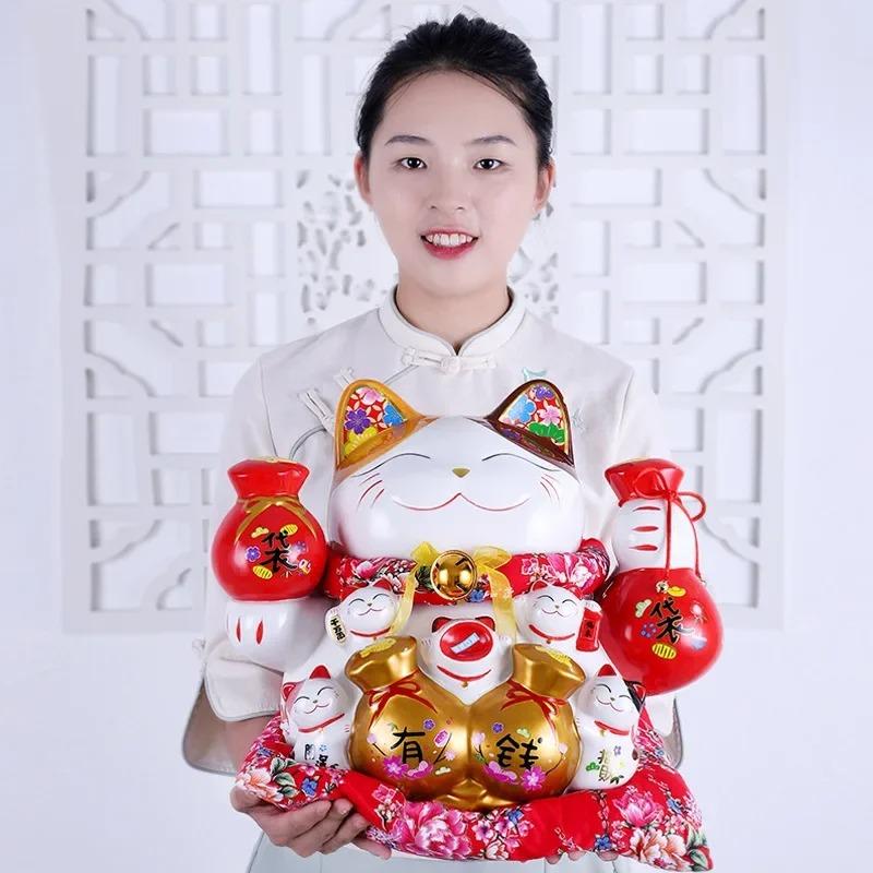 15 Zoll Keramik Glückskatze Japanische Maneki Neko Heimdekoration Ornament Glückskatze Spardose Sparschwein Figur Feng Shui Dekor