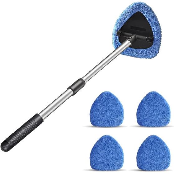 Windshield Cleaning Tool, Car Window Cleaner With 4 Washable Reusable Microfiber Pads, Extendable Long Handle Glass Wiper Cleaning Kit, Auto