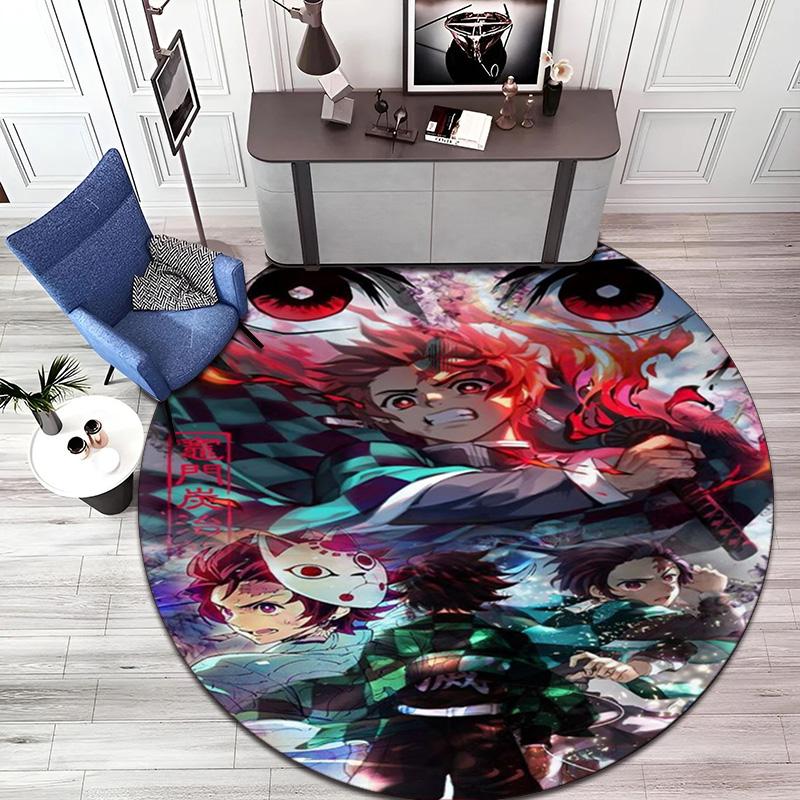 Classic Japanese-style Cartoon Demon Slayer Round Rug, Home Soft Decorative Anti-slip Yoga Mat and Chair Mat, Outdoor Floor Mat Carpet K23