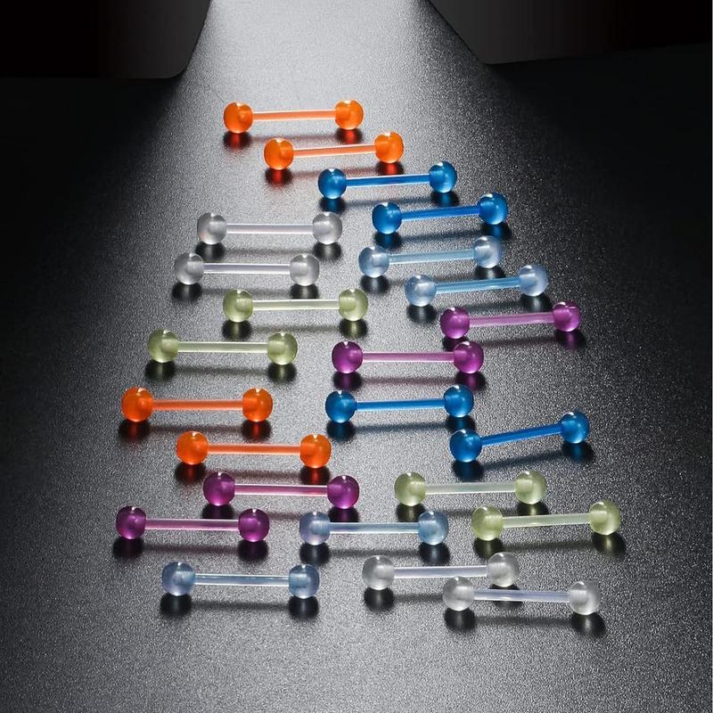 12PCS/24PCS 14G 16mm Glow In Dark Flexible Acrylic Straight Tongue Rings Plastic Nipple Ring Retainer Body Piercing Jewelry