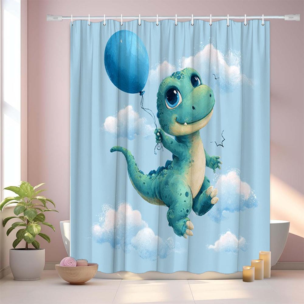 1Pc Cute Dinosaur Shower Curtain With Blue Balloon & Clouds - Turquoise Green Dinosaur & Light Blue Sky Design, Soft Polyester