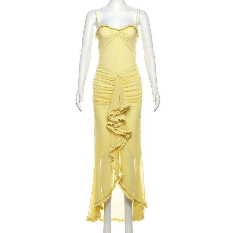 

Fashion Style Ins New Arrival Fashion Temperament Mesh V-neck Slim Fit Long Dress Sexy Backless Spaghetti Straps Dress Women Yellow L