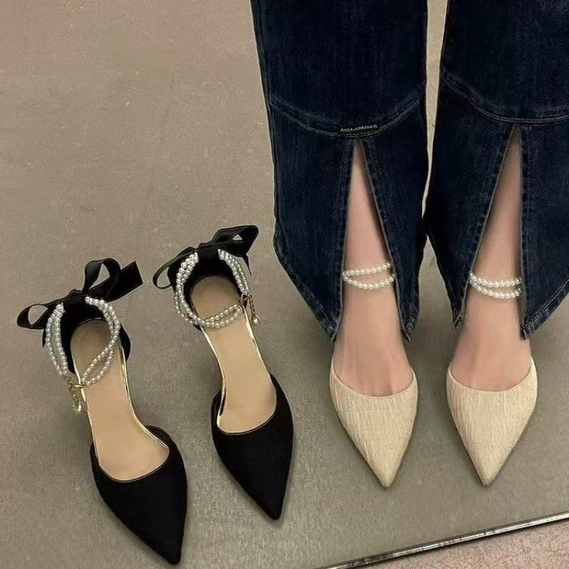 Fashion one-word strap high heels women's spring summer new pointed head stiletto bow bag head hollow sandals