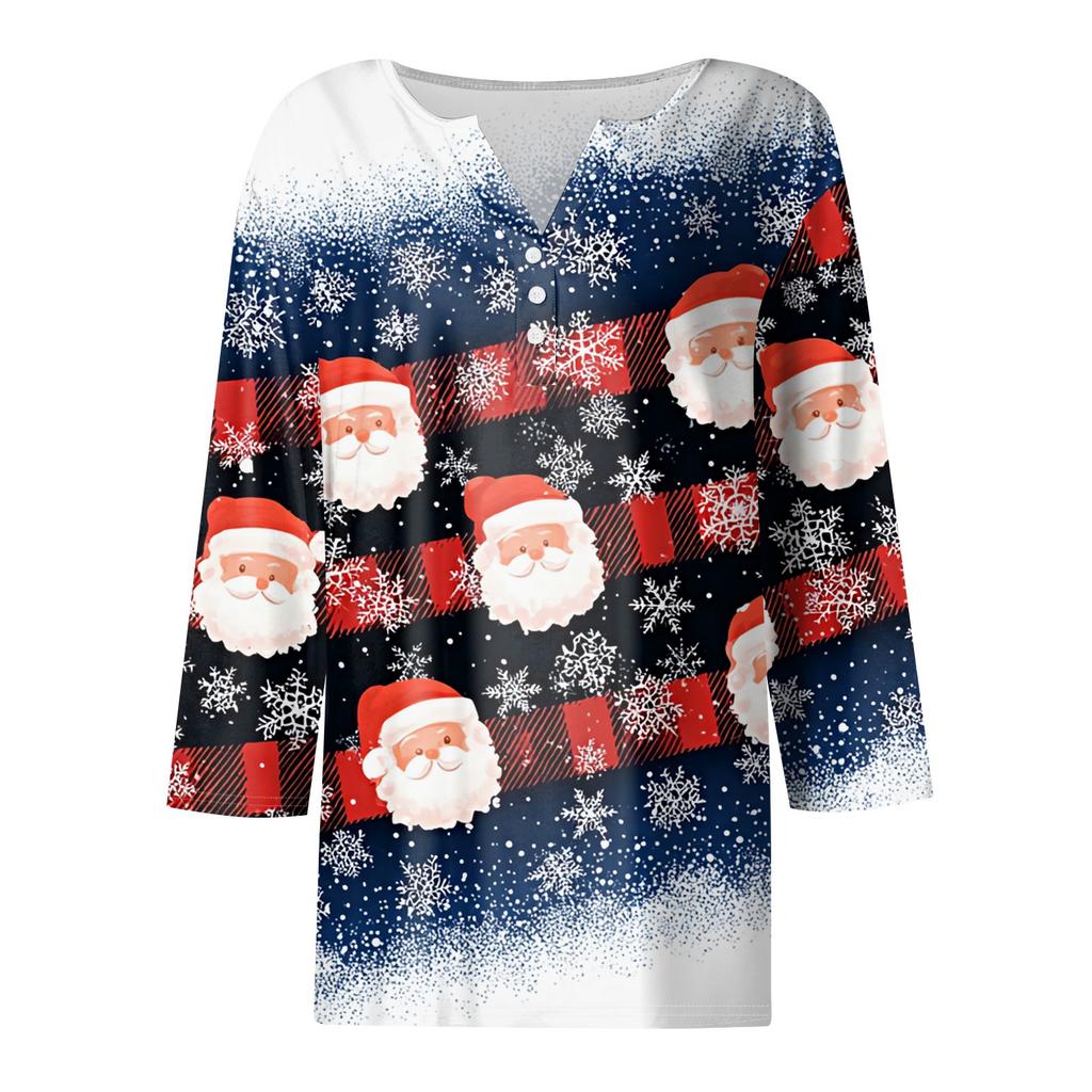 Women's T Shirt Tee Christmas Printed Button 3/4 Sleeve Tunic Daily Weekend Fashion Basic V- Neck Regular Top